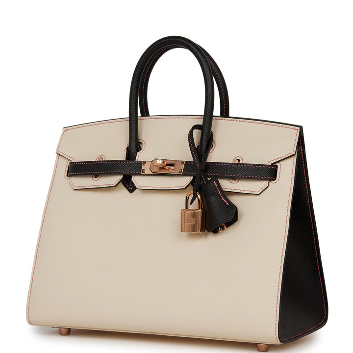 Hermes Birkin 25 Sellier Nata and Black Epsom Rose Gold Hardware