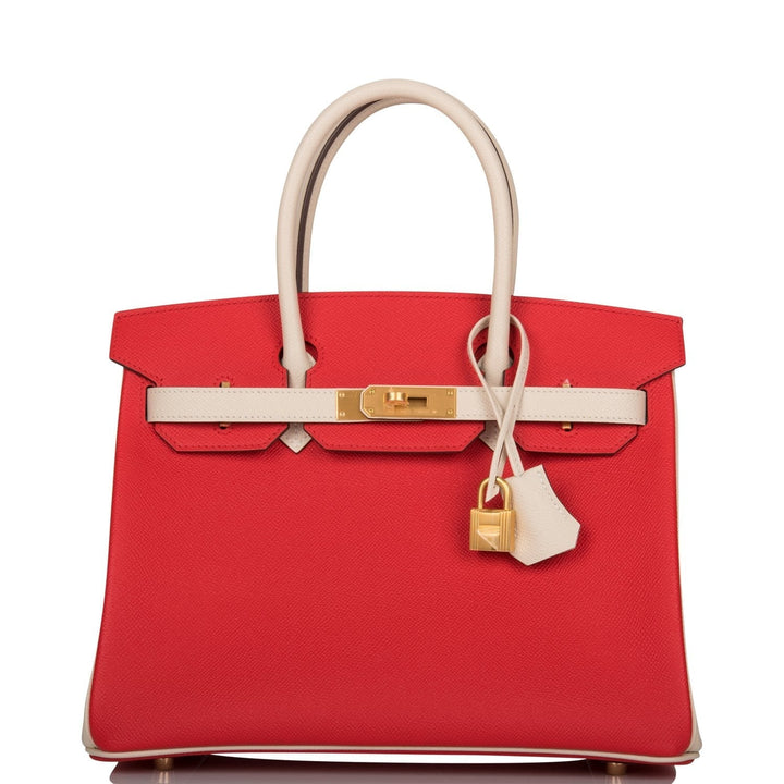 Top quality Hermes Special Order (HSS) Birkin 30 Rouge de Coeur and Craie Epsom Brushed Gold Hardware