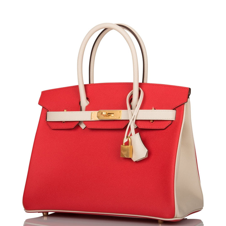 Top quality Hermes Special Order (HSS) Birkin 30 Rouge de Coeur and Craie Epsom Brushed Gold Hardware