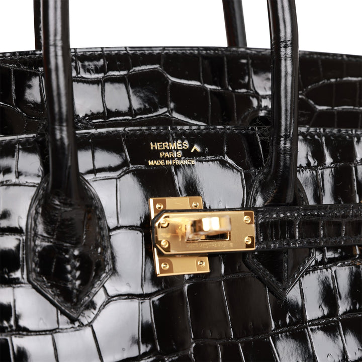 Hermes Birkin 25 Black Shiny Porosus Crocodile Gold Hardware