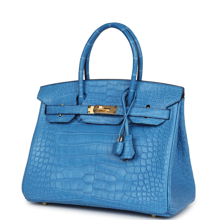 Hermes Birkin 30 Bleu Mykonos Matte Alligator Gold Hardware