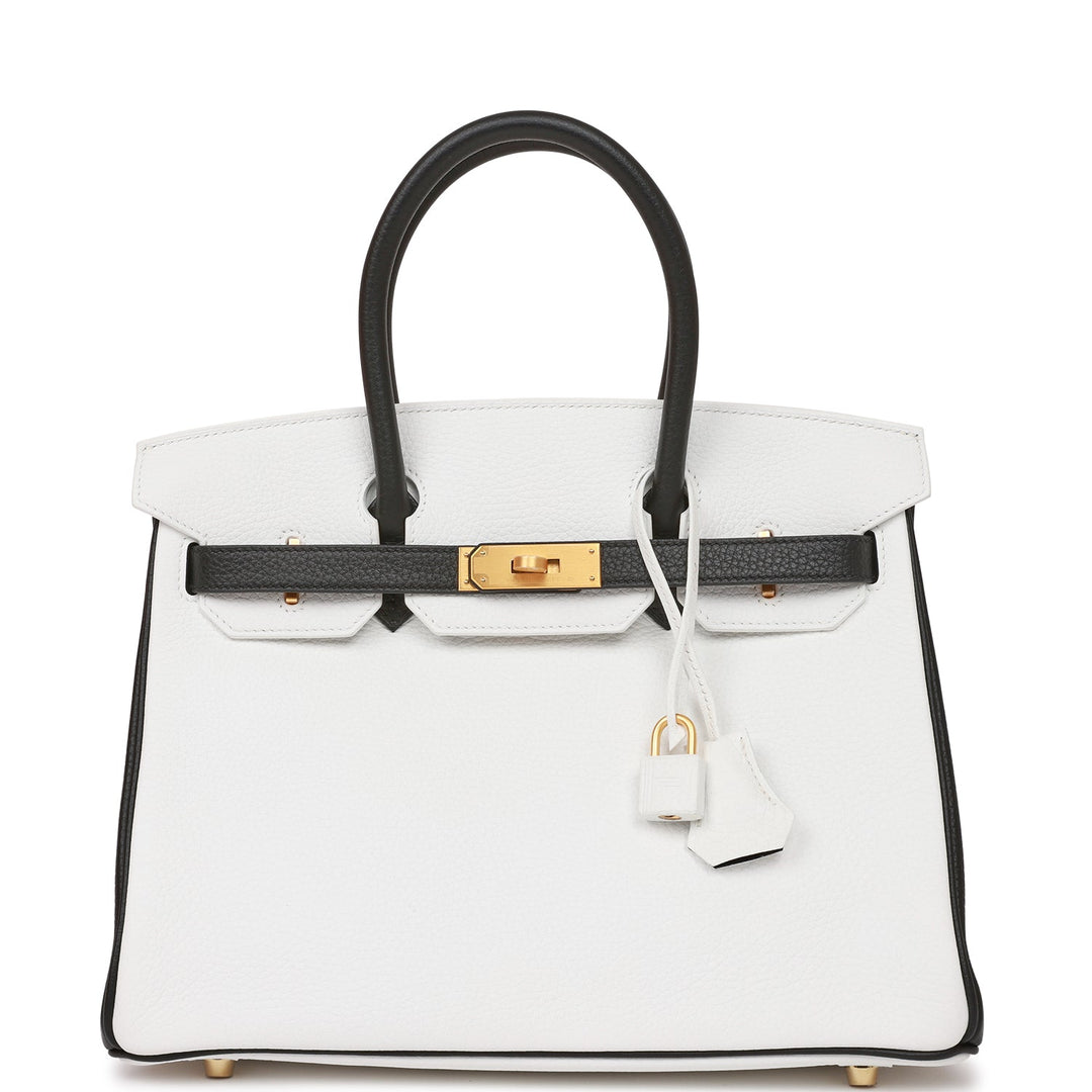 top quality Hermes Special Order (HSS) Birkin 30 White and Black Clemence Brushed Gold Hardware
