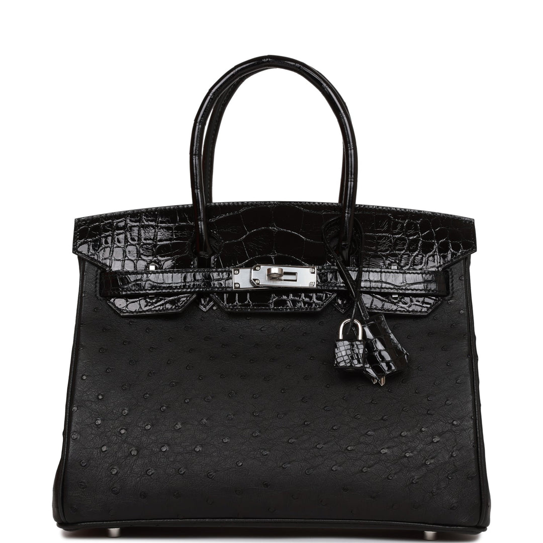 top quality Hermes Birkin 30 Black Shiny Alligator and Ostrich Touch Palladium Hardware