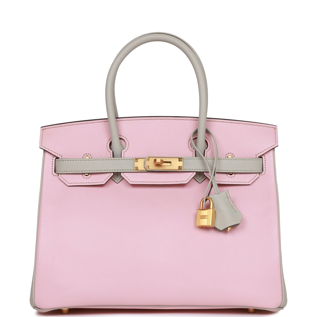 top quality Hermes Special Order (HSS) Birkin 30 Rose Sakura and Gris Perle Chevre Brushed Gold Hardware