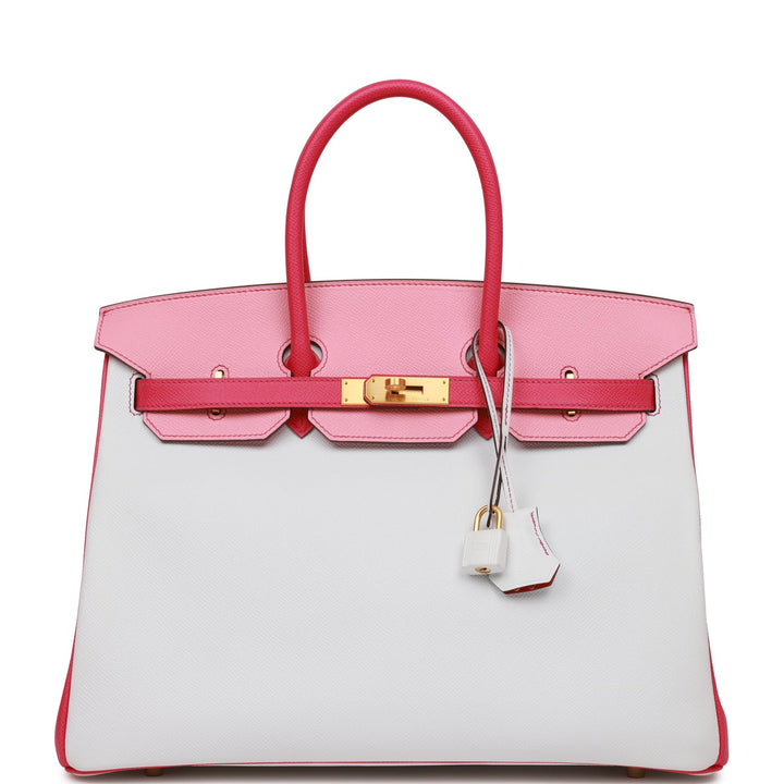 Hermes Special Order (HSS) Birkin 35 Rose Tyrien, Rose Lipstick and White Epsom Brushed Gold Hardware