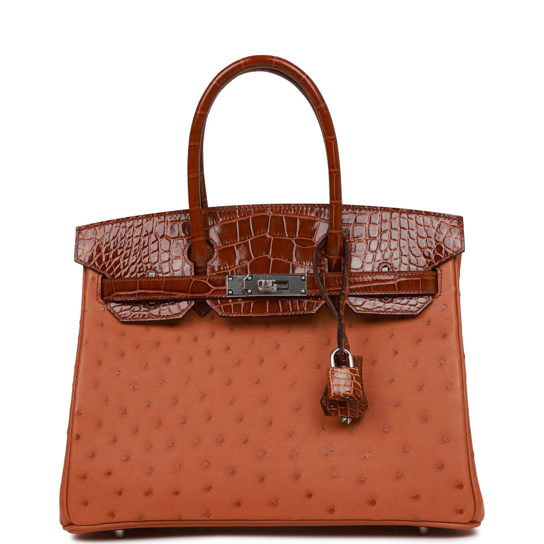 top quality Hermes Birkin 30 Cognac and Miel Shiny Alligator and Ostrich Touch Palladium Hardware