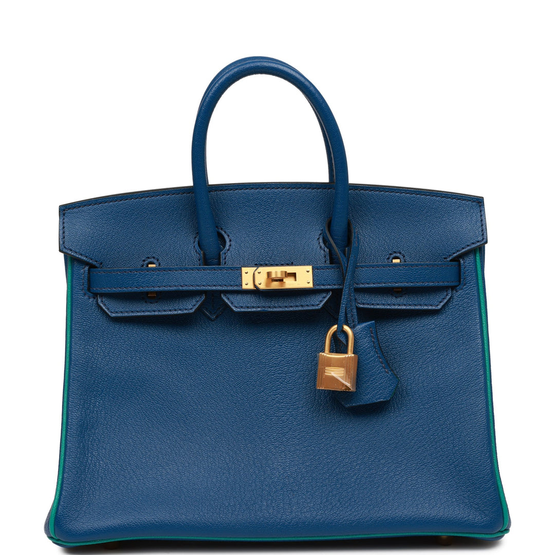 Top quality Hermes Special Order (HSS) Birkin 25 Bleu Saphir and Vert Vertigo Chevre Brushed Gold Hardware