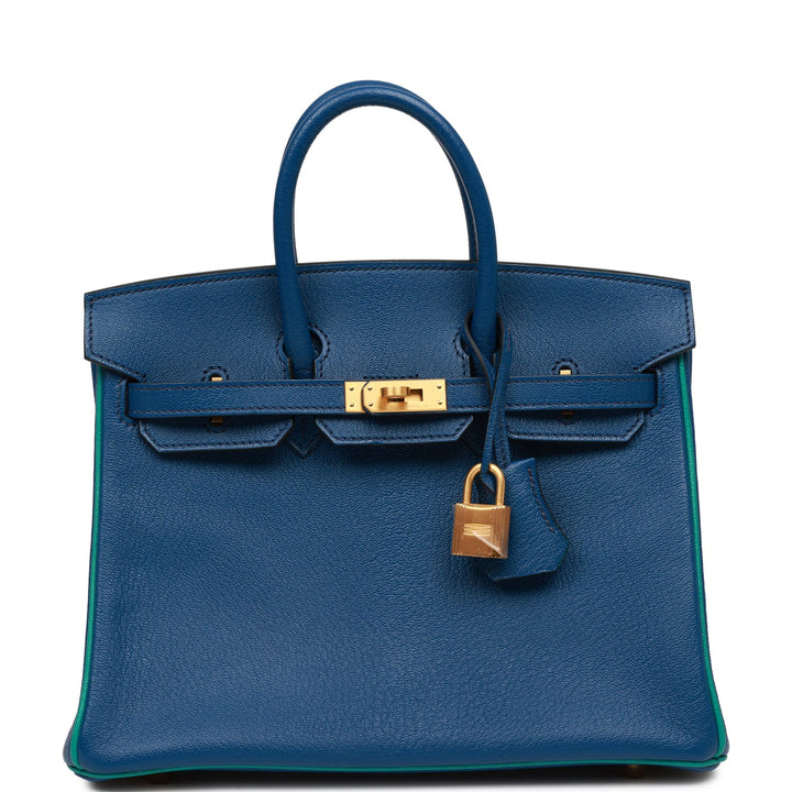 Top quality Hermes Special Order (HSS) Birkin 25 Bleu Saphir and Vert Vertigo Chevre Brushed Gold Hardware