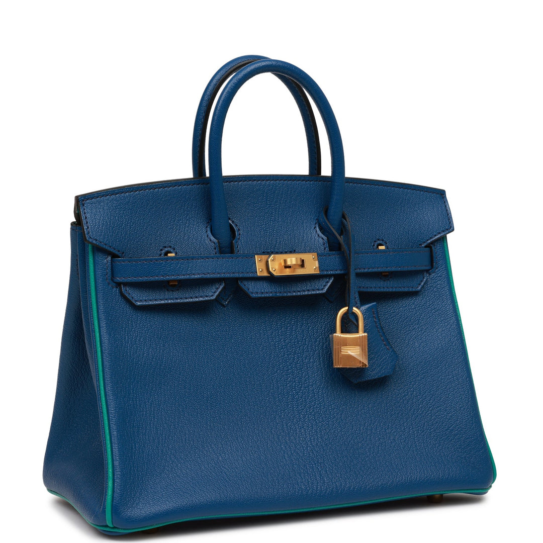 Top quality Hermes Special Order (HSS) Birkin 25 Bleu Saphir and Vert Vertigo Chevre Brushed Gold Hardware