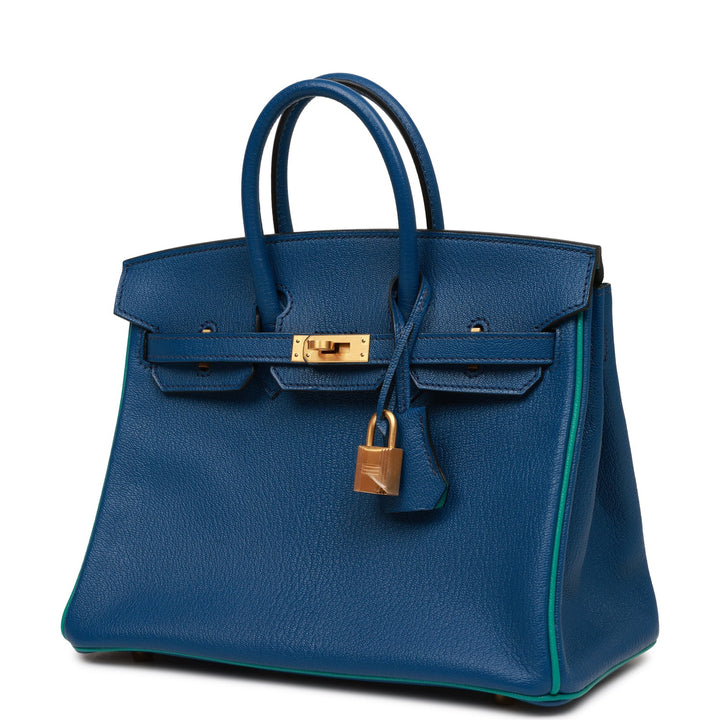 Top quality Hermes Special Order (HSS) Birkin 25 Bleu Saphir and Vert Vertigo Chevre Brushed Gold Hardware