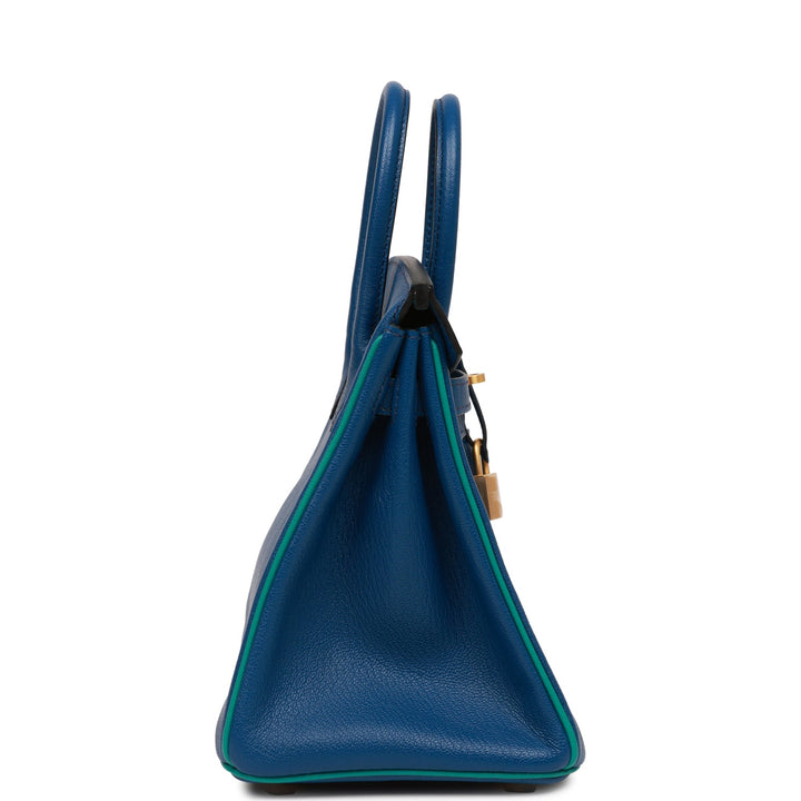 Top quality Hermes Special Order (HSS) Birkin 25 Bleu Saphir and Vert Vertigo Chevre Brushed Gold Hardware