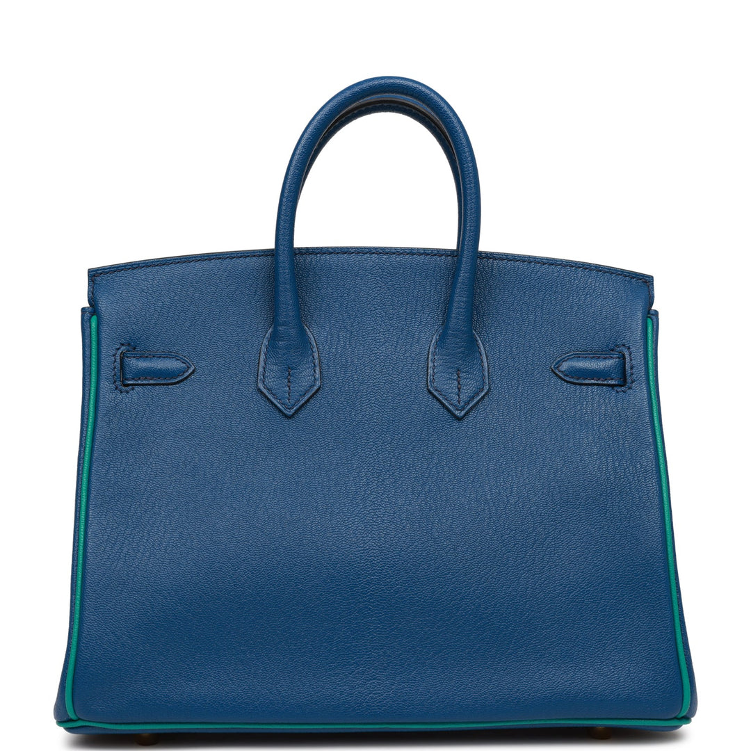 Top quality Hermes Special Order (HSS) Birkin 25 Bleu Saphir and Vert Vertigo Chevre Brushed Gold Hardware