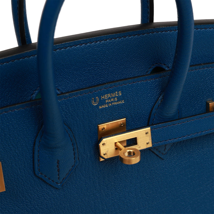 Top quality Hermes Special Order (HSS) Birkin 25 Bleu Saphir and Vert Vertigo Chevre Brushed Gold Hardware