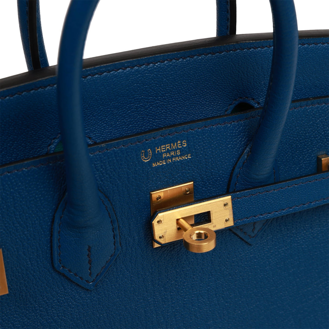 Top quality Hermes Special Order (HSS) Birkin 25 Bleu Saphir and Vert Vertigo Chevre Brushed Gold Hardware