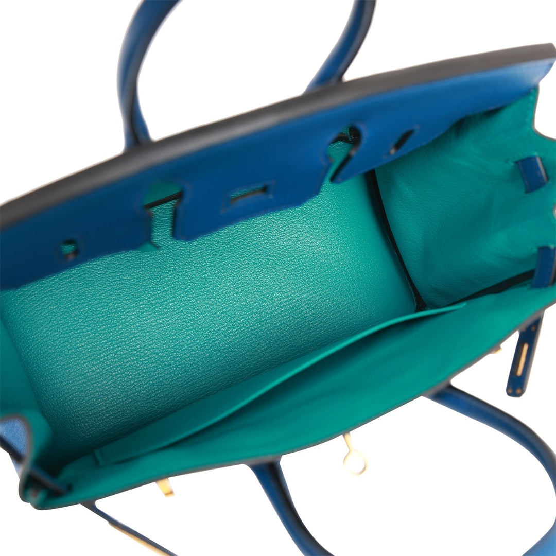 Top quality Hermes Special Order (HSS) Birkin 25 Bleu Saphir and Vert Vertigo Chevre Brushed Gold Hardware