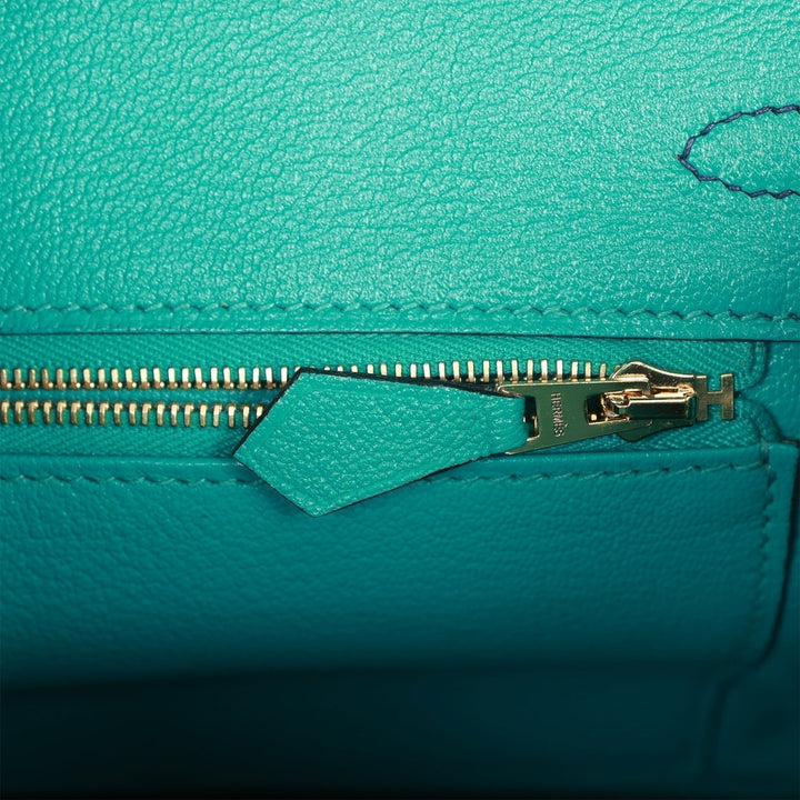 Top quality Hermes Special Order (HSS) Birkin 25 Bleu Saphir and Vert Vertigo Chevre Brushed Gold Hardware