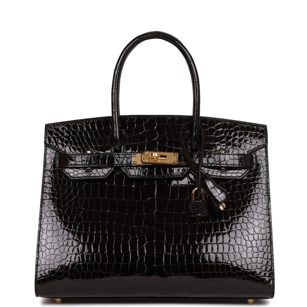 Hermes Birkin 30 Sellier Black Shiny Porosus Crocodile Gold Hardware