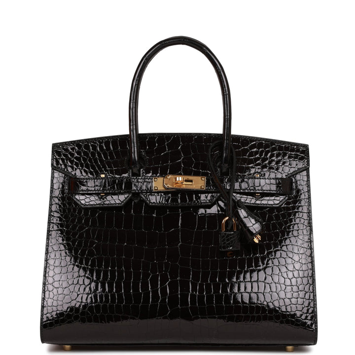 Hermes Birkin 30 Sellier Black Shiny Porosus Crocodile Gold Hardware