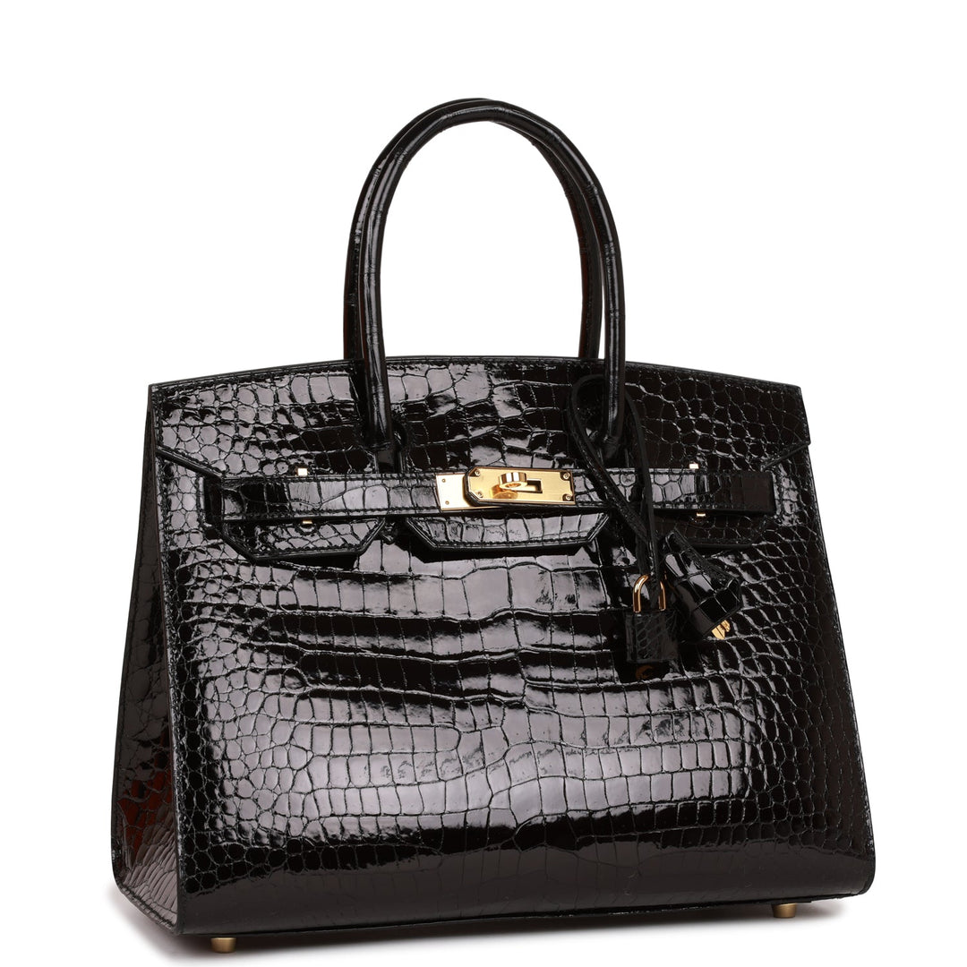 Hermes Birkin 30 Sellier Black Shiny Porosus Crocodile Gold Hardware