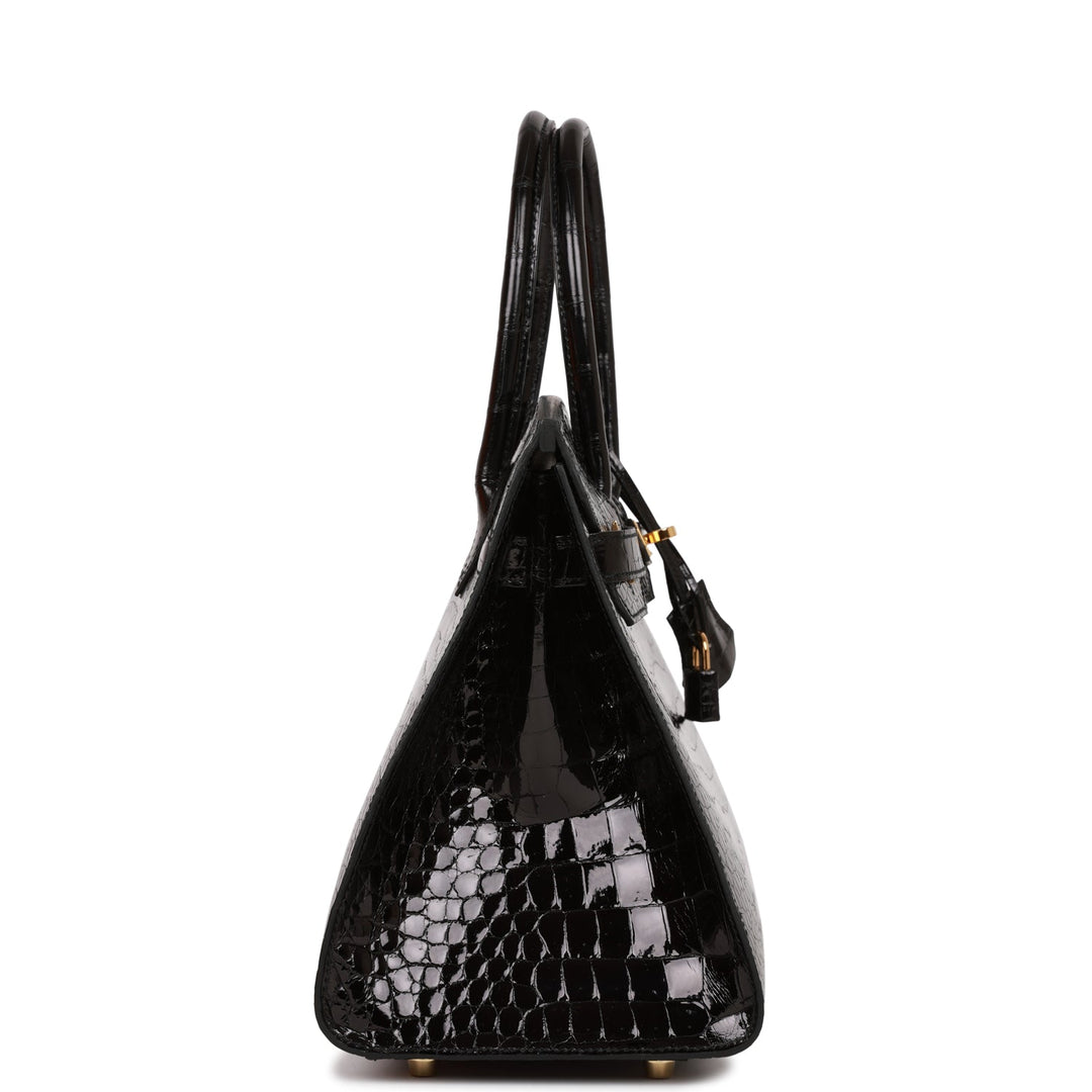 Hermes Birkin 30 Sellier Black Shiny Porosus Crocodile Gold Hardware