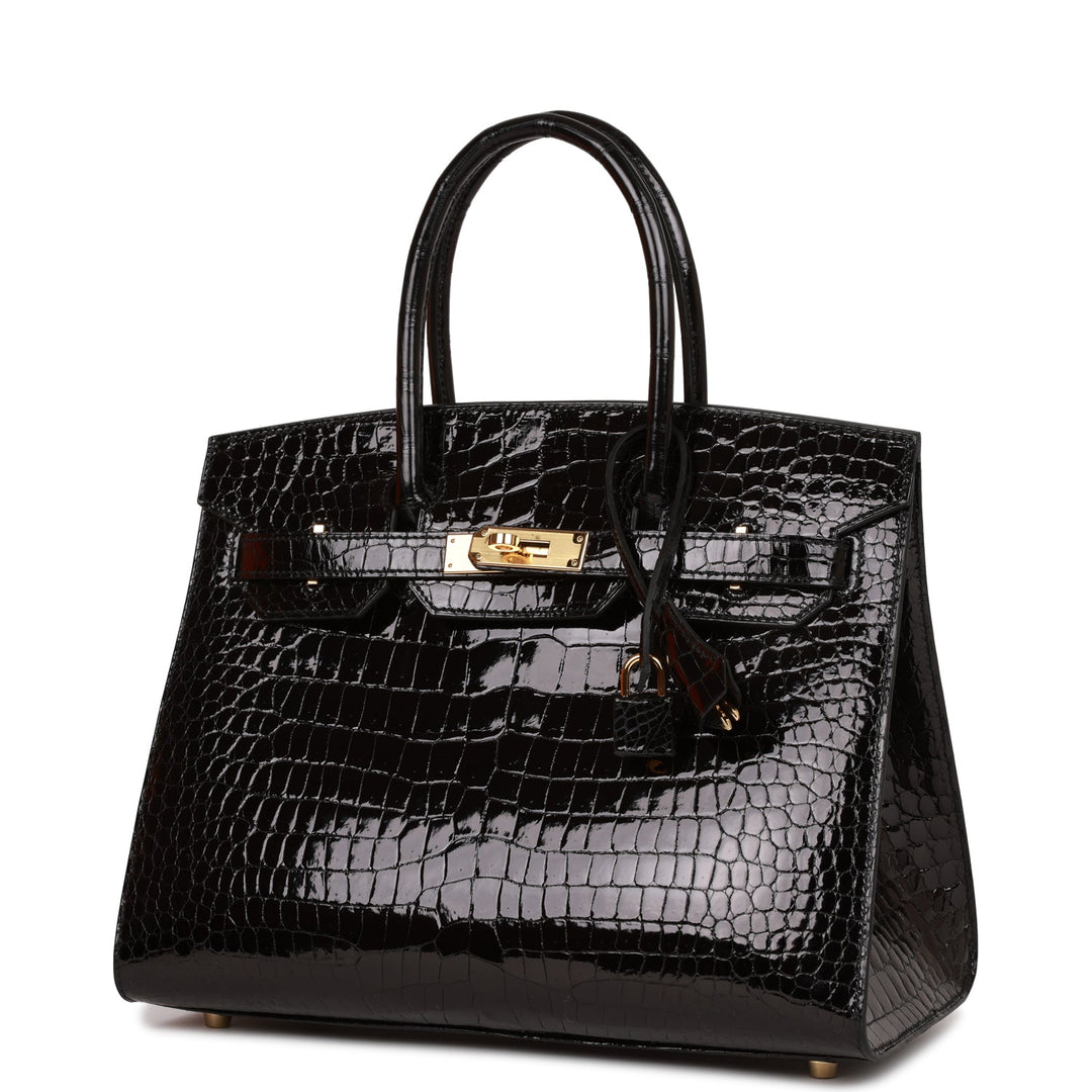 Hermes Birkin 30 Sellier Black Shiny Porosus Crocodile Gold Hardware