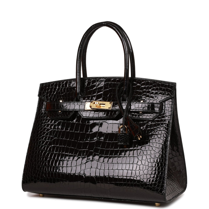 Hermes Birkin 30 Sellier Black Shiny Porosus Crocodile Gold Hardware