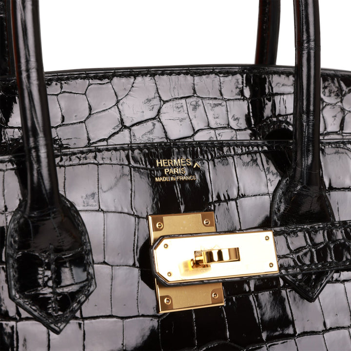 Hermes Birkin 30 Sellier Black Shiny Porosus Crocodile Gold Hardware