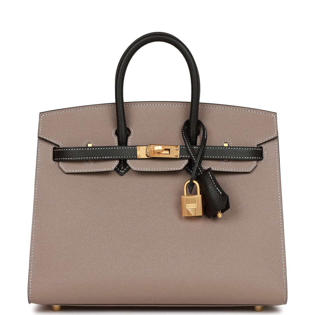 top quality Hermes Special Order (HSS) Birkin Sellier 25 Etoupe and Black Epsom Brushed Gold Hardware