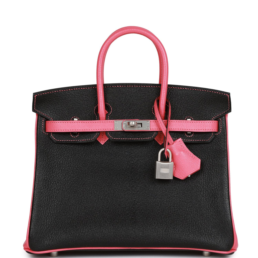top quality Hermes Special Order (HSS) Birkin 25 Black and Rose Azalee Chèvre Brushed Palladium Hardware