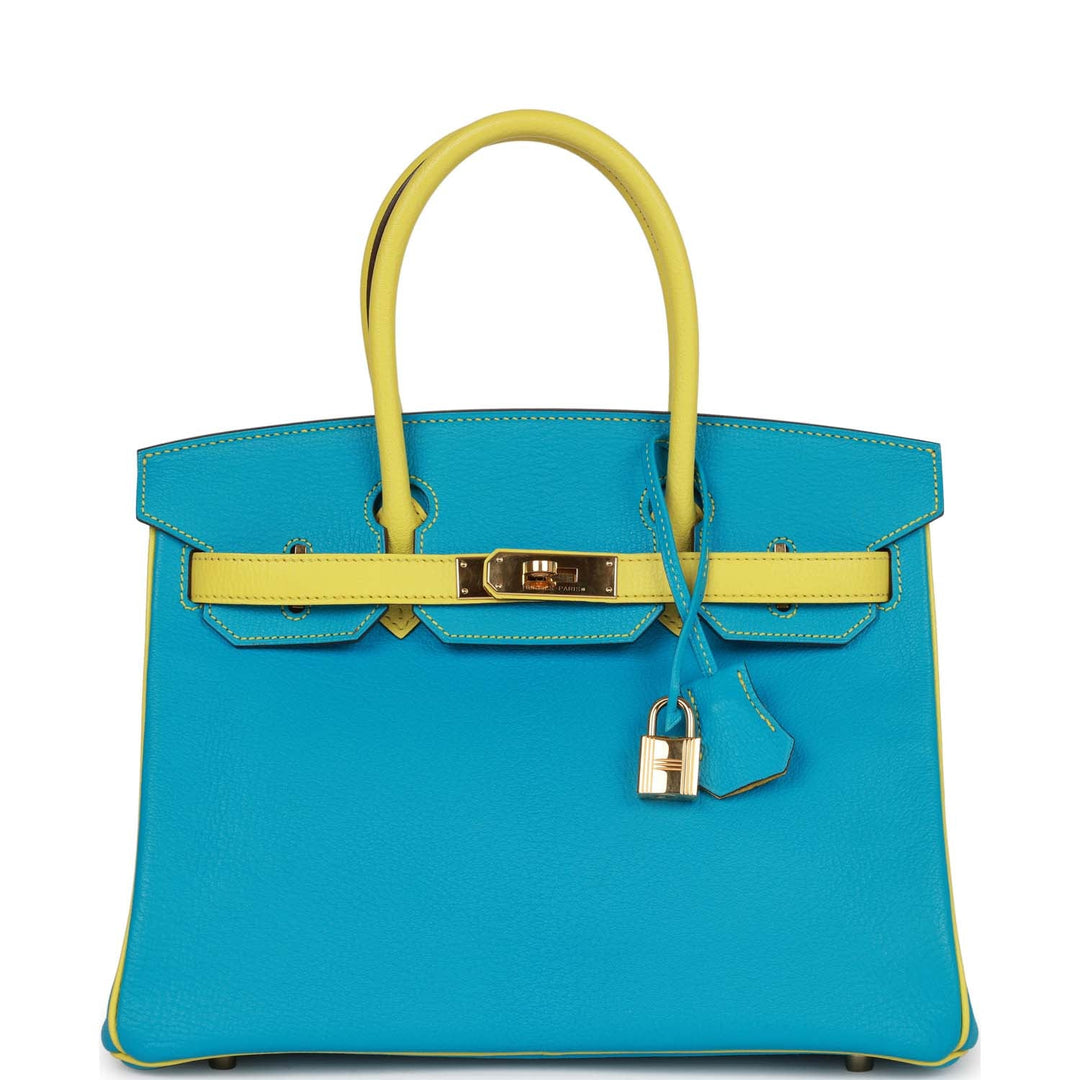top quality Hermes Special Order (HSS) Birkin 30 Bleu Turquoise and Lime Chevre Gold Hardware