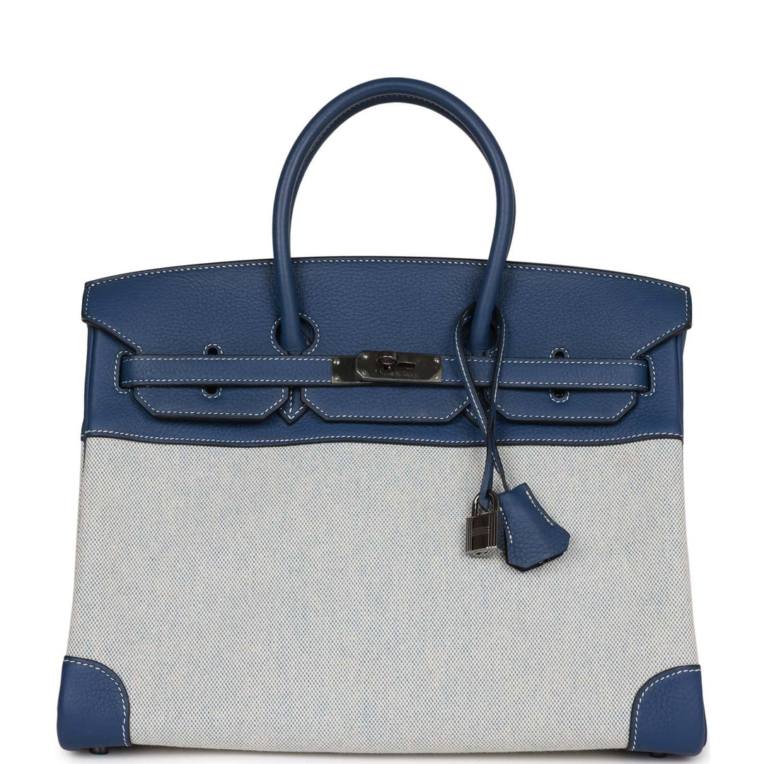 top quality Hermes Birkin 35 Bleu Brighton Clemence and Toile H Ruthenium Hardware