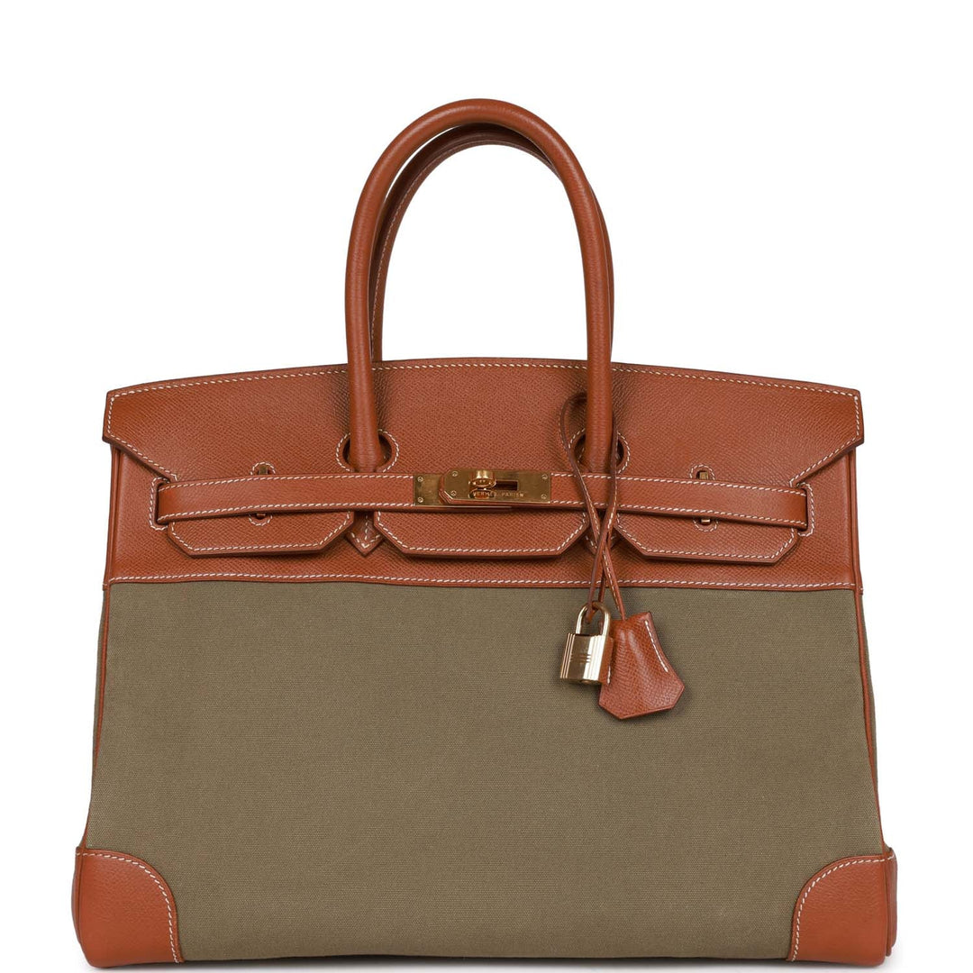 Vintage Top quality Hermes Birkin 35 Gold Courchevel and Olive Toile H Gold Hardware