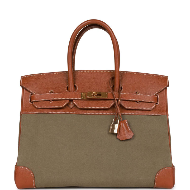 Vintage Top quality Hermes Birkin 35 Gold Courchevel and Olive Toile H Gold Hardware