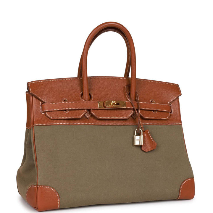 Vintage Top quality Hermes Birkin 35 Gold Courchevel and Olive Toile H Gold Hardware
