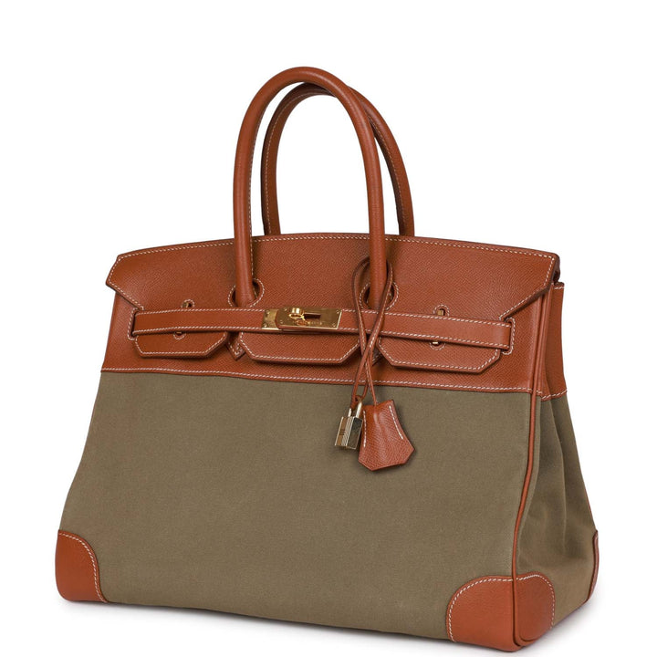 Vintage Top quality Hermes Birkin 35 Gold Courchevel and Olive Toile H Gold Hardware