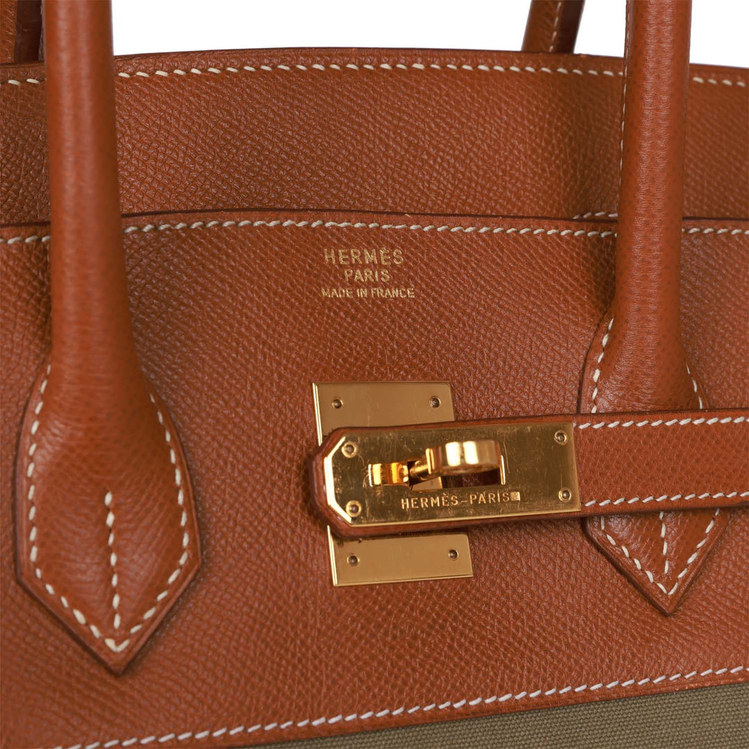 Vintage Top quality Hermes Birkin 35 Gold Courchevel and Olive Toile H Gold Hardware
