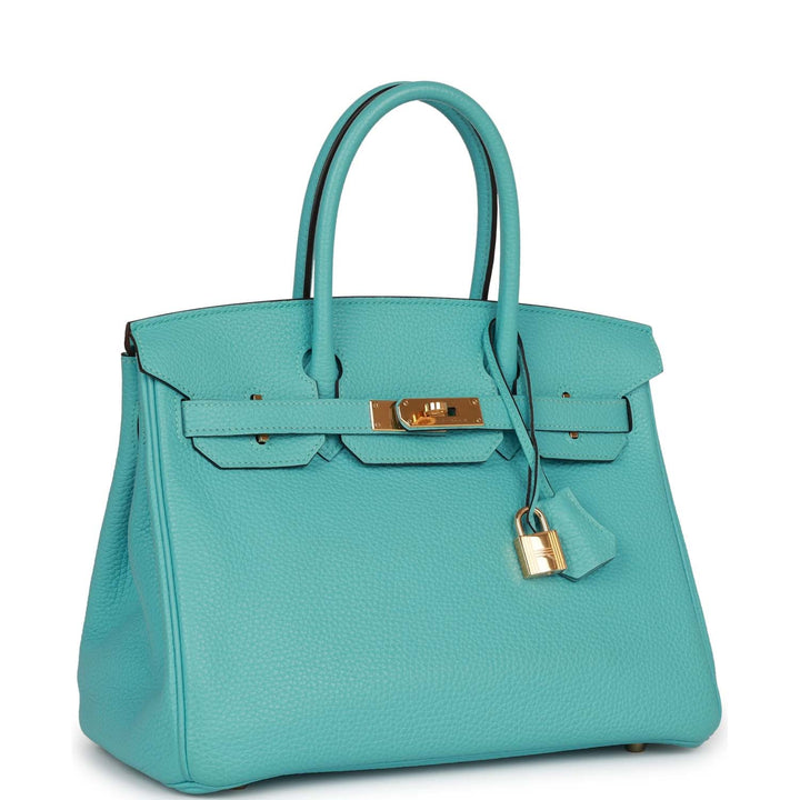 Top quality Hermes Birkin 30 Bleu Atoll Clemence Gold Hardware