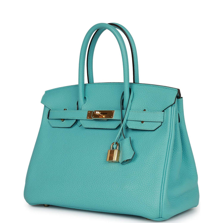 Top quality Hermes Birkin 30 Bleu Atoll Clemence Gold Hardware