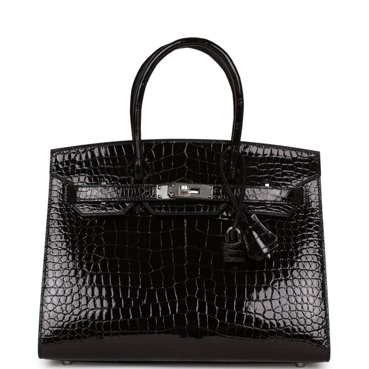 Hermes Birkin 30 Sellier Black Shiny Porosus Crocodile Palladium Hardware