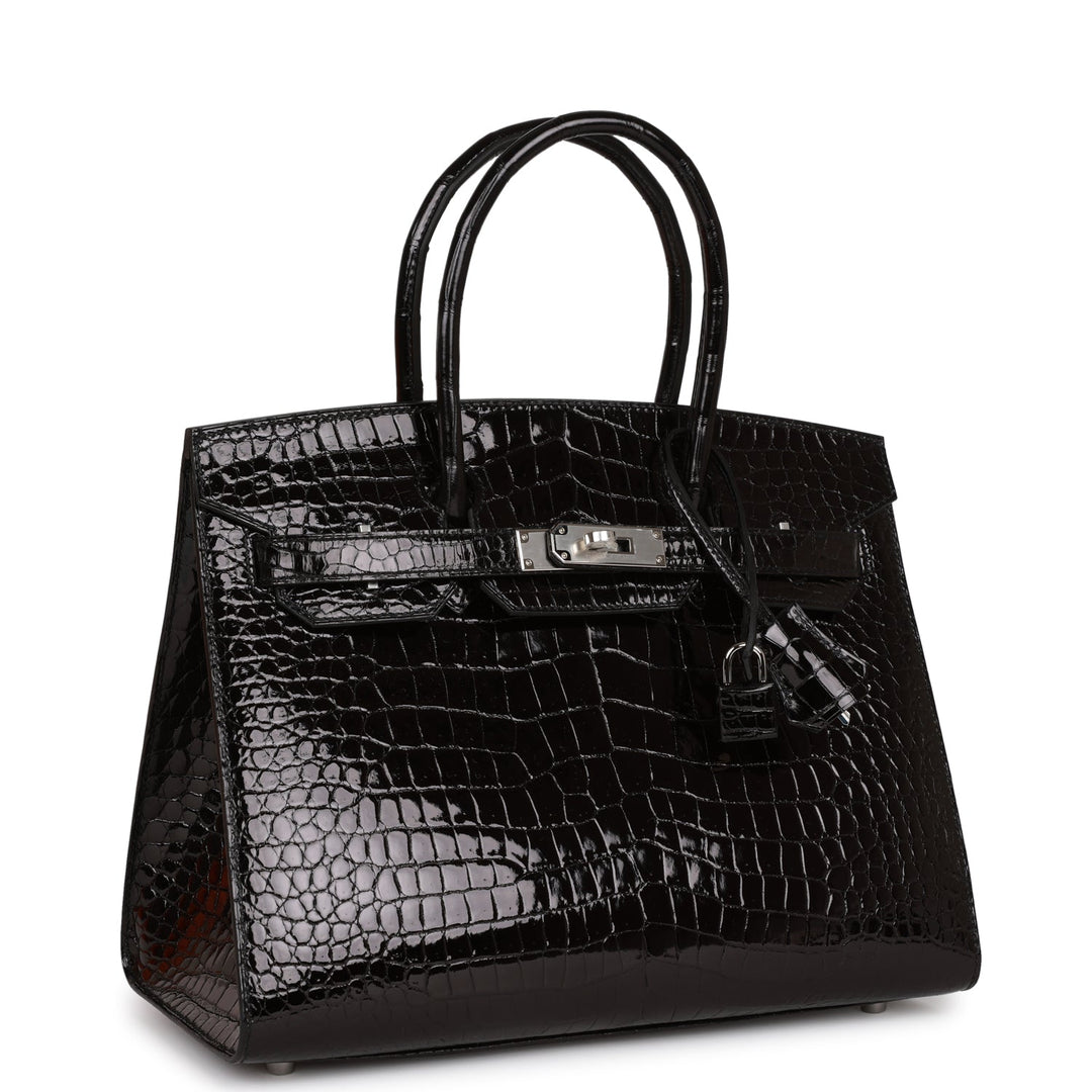 Hermes Birkin 30 Sellier Black Shiny Porosus Crocodile Palladium Hardware