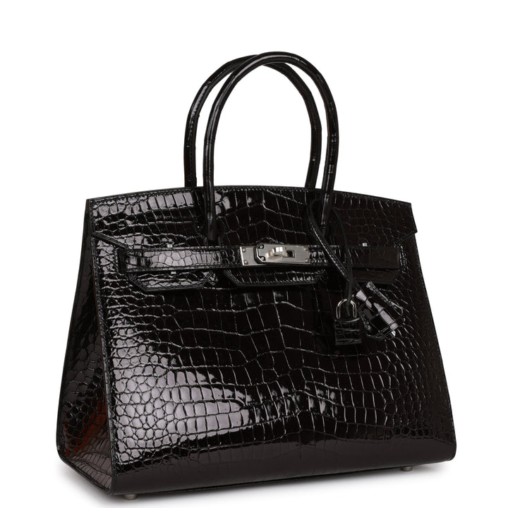 Hermes Birkin 30 Sellier Black Shiny Porosus Crocodile Palladium Hardware
