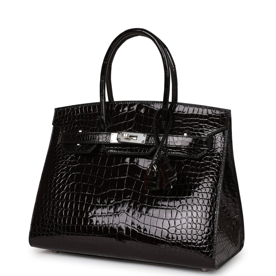 Hermes Birkin 30 Sellier Black Shiny Porosus Crocodile Palladium Hardware