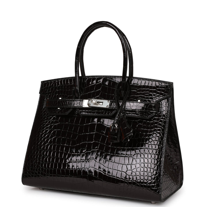 Hermes Birkin 30 Sellier Black Shiny Porosus Crocodile Palladium Hardware