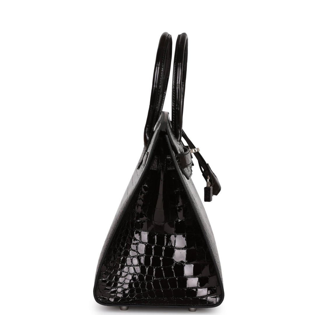 Hermes Birkin 30 Sellier Black Shiny Porosus Crocodile Palladium Hardware