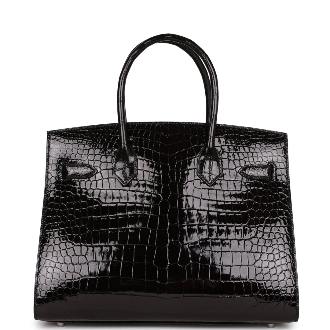 Hermes Birkin 30 Sellier Black Shiny Porosus Crocodile Palladium Hardware