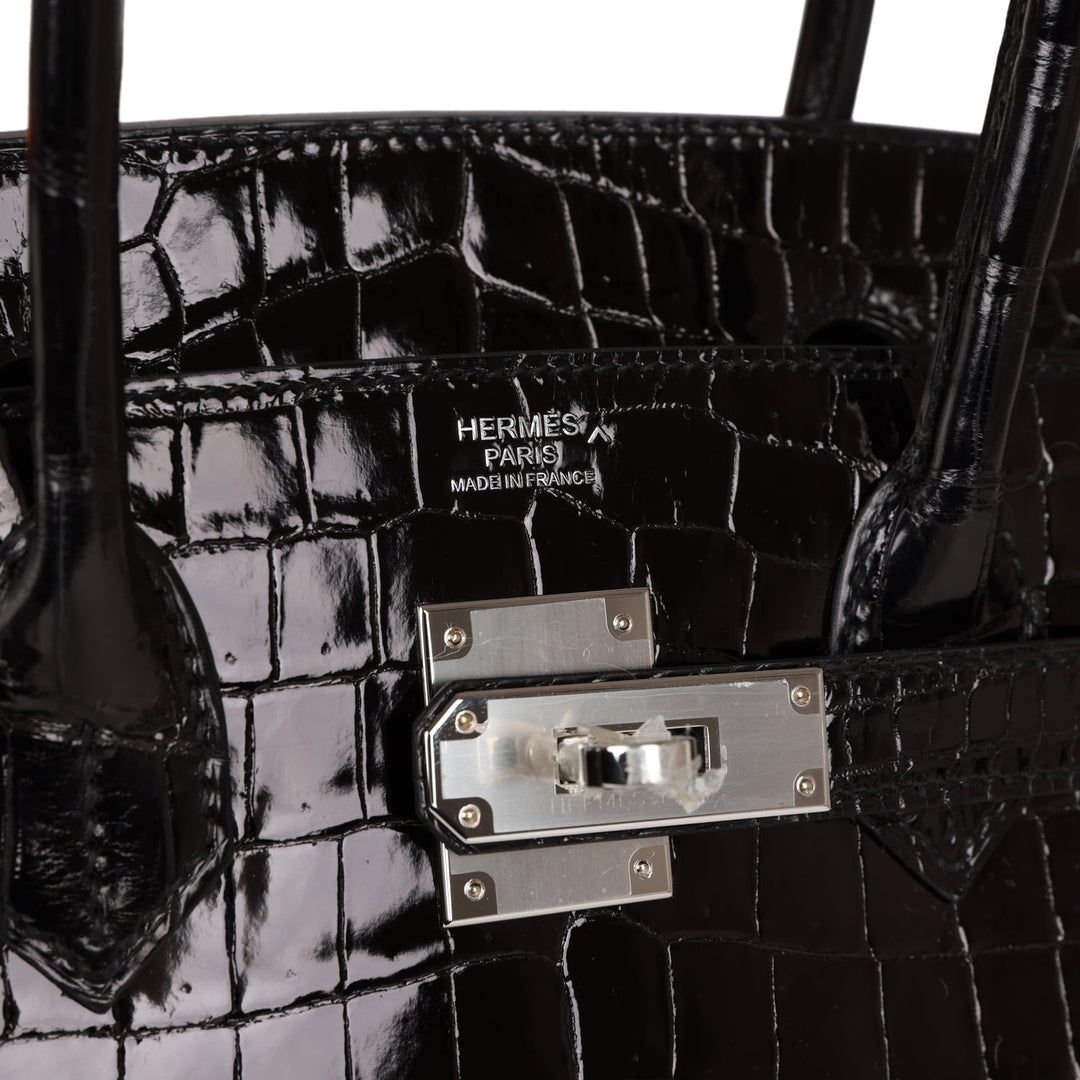 Hermes Birkin 30 Sellier Black Shiny Porosus Crocodile Palladium Hardware
