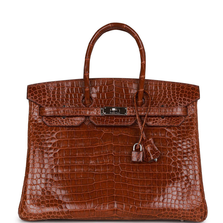 Premium Handmade Hermes Birkin 35 Miel Shiny Porosus Crocodile Palladium Hardware