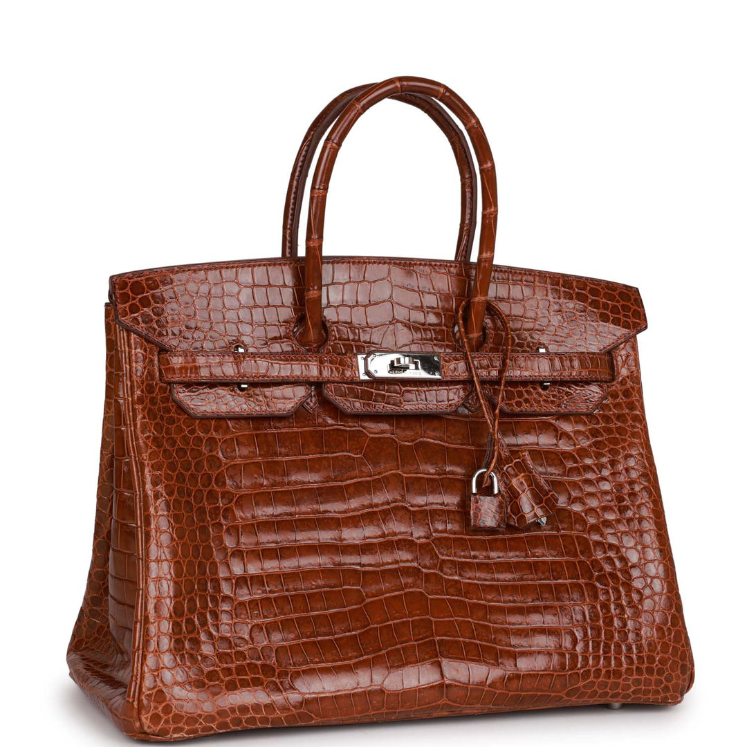 Premium Handmade Hermes Birkin 35 Miel Shiny Porosus Crocodile Palladium Hardware