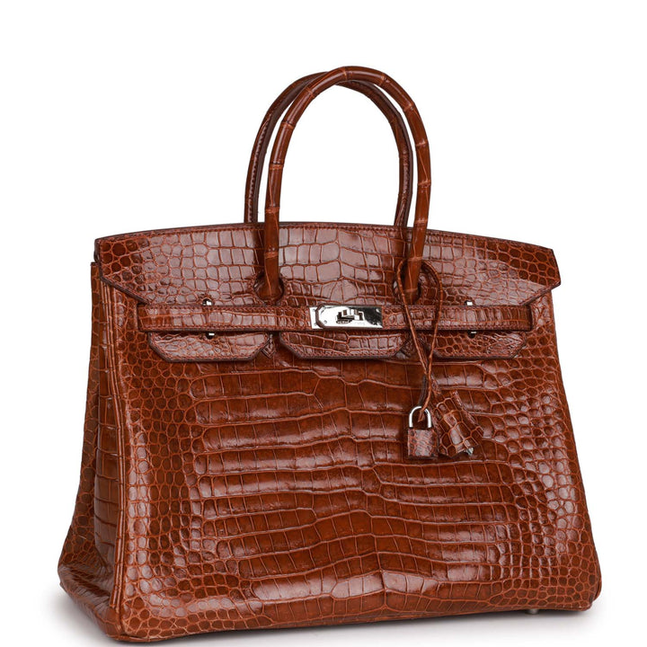 Premium Handmade Hermes Birkin 35 Miel Shiny Porosus Crocodile Palladium Hardware