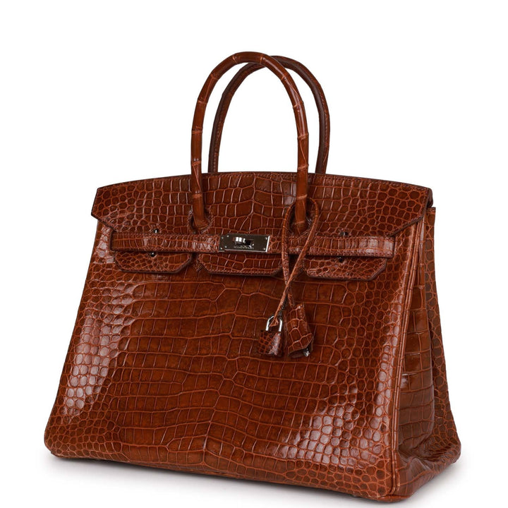 Premium Handmade Hermes Birkin 35 Miel Shiny Porosus Crocodile Palladium Hardware